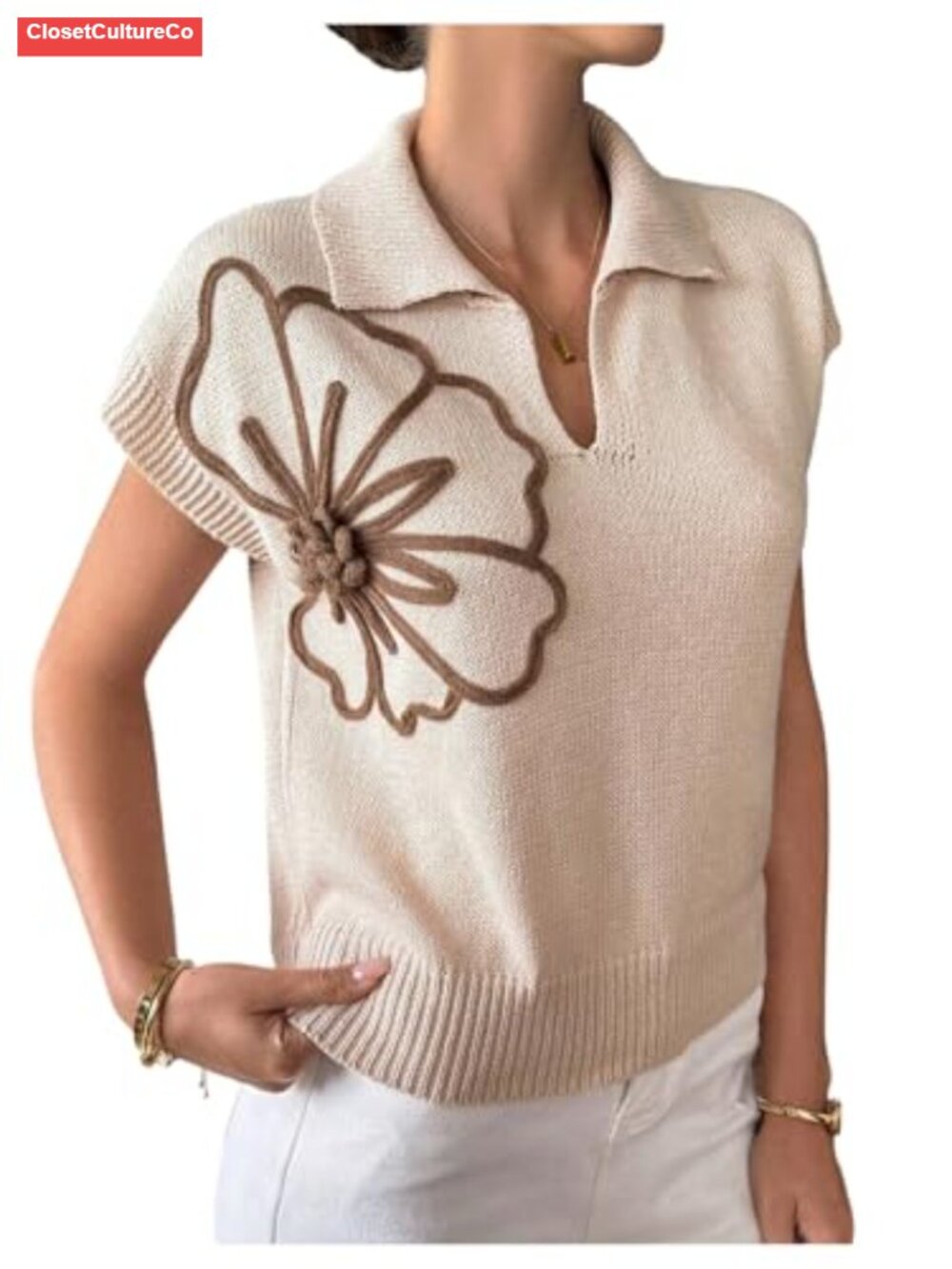 Boho Floral Pullover Sweater Cap Sleeve Collared V Neck Rib Knit